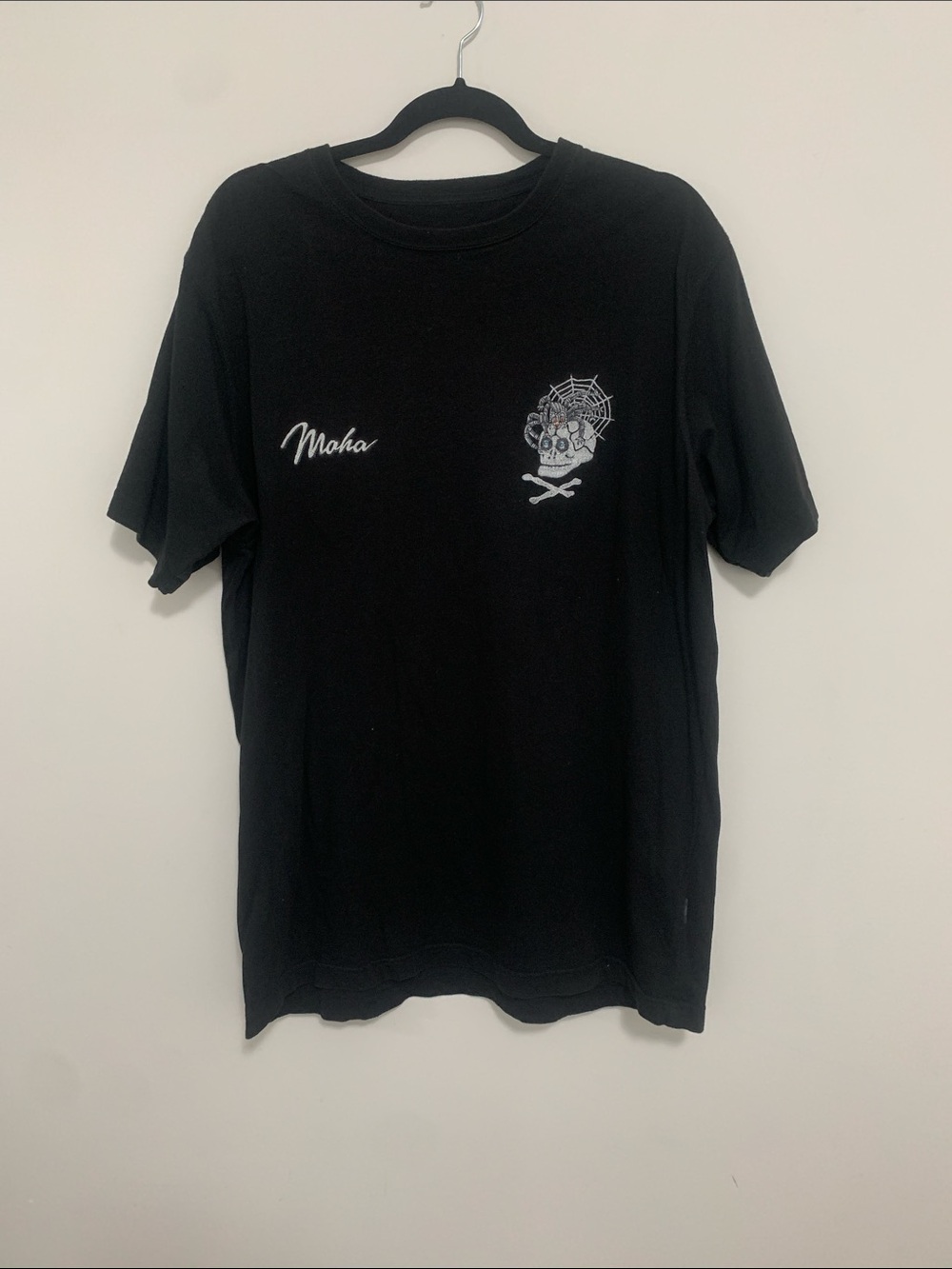 Maharishi Black Tee with White Embroidered Skull and Script